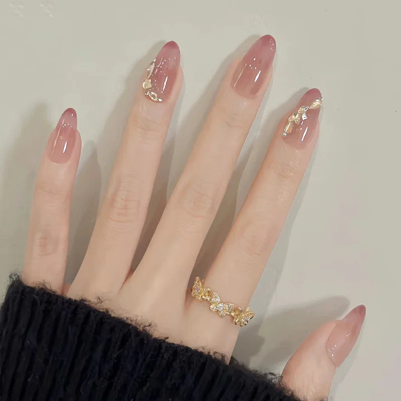 24pcs Aurora Nude Pink Press on Nails Almond Acrylic Simple Fake Nails with Gradient Design Nail Chrome Solid Color False Nails