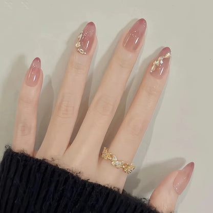 24pcs Aurora Nude Pink Press on Nails Almond Acrylic Simple Fake Nails with Gradient Design Nail Chrome Solid Color False Nails