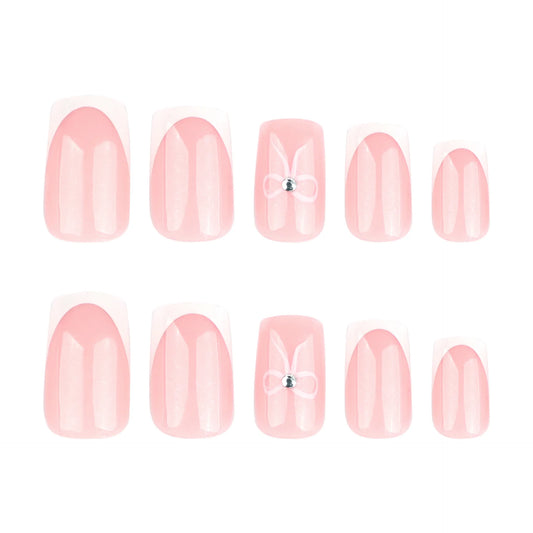 24pcs Simple French Fake Nails Pink Bow White Edge Press on Nails Women Full Cover Wearable Short Coffin False Nail Tips