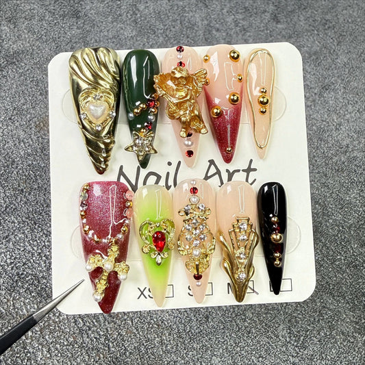 10Pcs/set Long Stiletto Handmade Press on Nails Retro Fake Nails with 3D Decorations Wearable Stick-on Nails False Nail 네일팁
