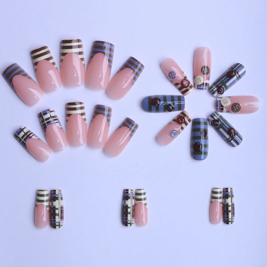 24pcs Autumn Retro Coffin Fake Nails Blue and Brown Strip Printed Press on Nail European Spice Girls Wearable False Nails
