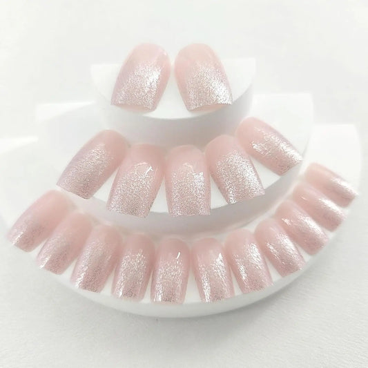 24Pcs Glitter Gradient White False Nails Set Short Square Head Press on Nails Wearable French Manicure Tips Full Cover Fake Nail