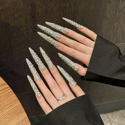 10pcs Super Long Stiletto False Nail Tips Light Luxury Handmade Full Flash Diamond Press On Nails European Wearable Fake Nails