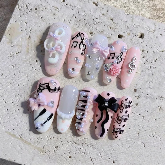 10pcs Pink & Black Muse Handmade Nails 3D Music Note Y2K Bow Press on Nail Long Oval Fasle Nail for Women&Girl Fake Nail Art