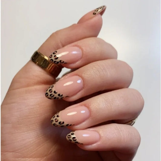 24Pcs Leopard French Nail Self-adhesive Press Nails Mid-Length Realistic Fake Nails Almond Fashion Bow Artificial Nail Press On