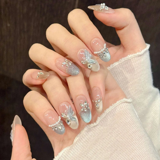 24pcs Wearable Finished False Nails Blue Gradient Cat's Eye Fake Nail Tips Round Almond with Diamond Pearl Design Press on Nails