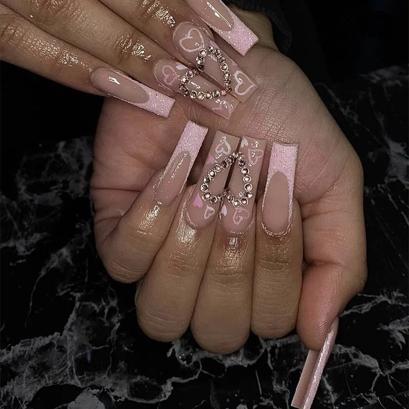 24Pcs Long Square Head French Fake Nail Tips 3D Love Heart Design Press on Nails with Rhinestone Pattern Wearable False Nail Art