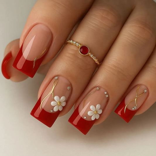 24pcs Short Square Fake Nails White French with Diamond Design Press on Nails Tips Flower Decoration Nude Pink Ballet False Nail