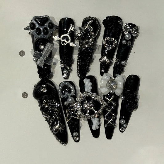10Pcs Long Stiletto Almond Wearable Fake Nails Manicure Dark Black Light Luxury Spice Girls for Gifts Detachable Press on Nails