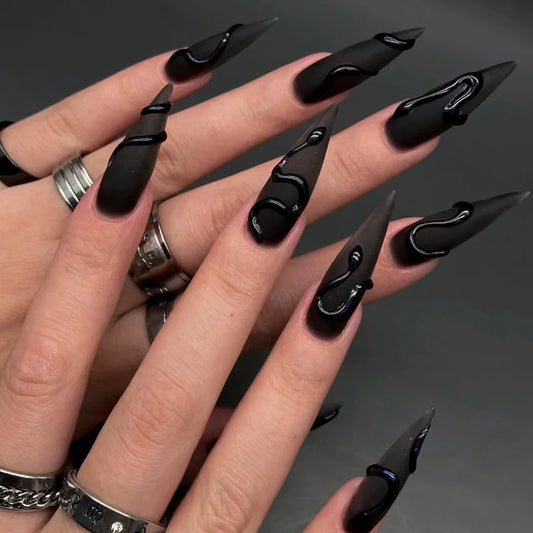24pcs Black Stiletto Press on Nails Simple Y2k Snake Stick on Nail Wearable Long Almond False Nails Tips Fake Nail Sets Manicure