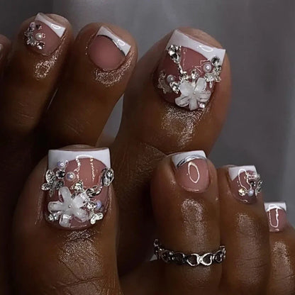 3D Gold Edge French Nude Toenail Art Fashion Simple Wearable Fake Toenails Detachable Toe False Nails Press on Nails with Glue