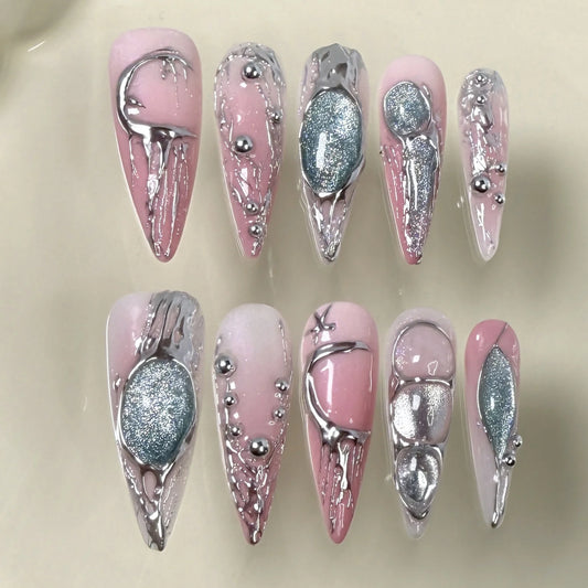 10pcs Blue Press on Nails Tips Acrylic Nails with Rhinestone Design Long Almond Fake Nail Wearable Spicy Girl False Nail Sets