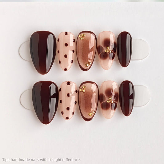 10pcs Handmade Brown Polka Dot Flower Press on Nails Almond Short Wearable Reusable Korean Sweet False Nails 2026