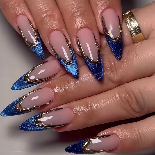 24pcs Simple Long Stiletto Press on False Nails Tips Fashion Cat's Eye French Almond Nails Art with Gilded Design Blue Fake Nail