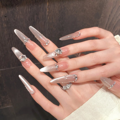 10pcs Handmade Press On Nails Glossy Cat's Eye Shiny Rhinestone Decor False Nails Ins Simple Fake Nail Detachable Manicure