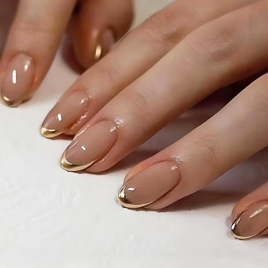 24PCS Almond-Pressed Nail Shorts, Pink False Nails, Elegantly Crafted Golden French Tips Golden and Charming