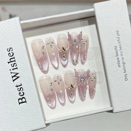 10Pcs Almond Mid-length Oval Fake Nails Blush Purple Grid Pattern Fashion Nail with Shiny Butterfly Cat Eye Design Manicure Tool
