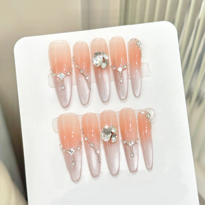 10pcs Long Ballerina Almond False Nail Tips Handmade Glossy Pink Cat's Eye Press On Nails Sweet Simple Gentle Fake Nail For Girl