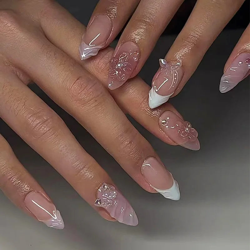 24Pcs Light Blue Smudge Fake Nails Press on Almond Gold Leaf Removable Long Full Cover Nail Tips Wearable Finished Nail Art