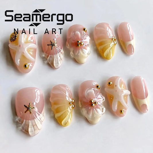 24PCS Almond Press on Nails 3D Starfish Seashell Pearl Gold Rivet Decor Ocean Beach Style Glossy Reusable False Nails for Summer