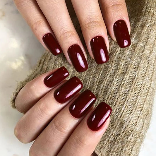 24pcs Simple Short Wine Red False Nails Finished Wearable Square Solid Color Fake Nail Sets for Girl Daily Wear Press on Nails