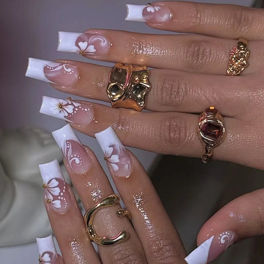 24Pcs Mid-length Square Head Full Cover Nails Tips White French Smudge Flower Design Fake Nail Art Reusable Press on False Nails
