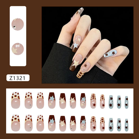 24pcs Y2k Colorful Stars Designs Press On Nails Chocolate Brown French Style Sweet Cool False Nails Medium T Ins Fake Nail Tips