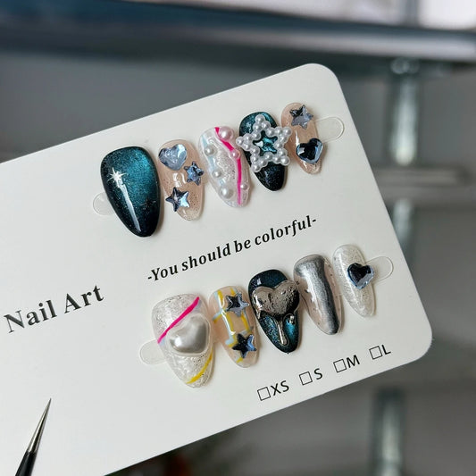10pcs high-end Cartoon fun style, hand-drawn three-dimensional hearts, stars, flashing cat eyes, small pearls handmade fake nail