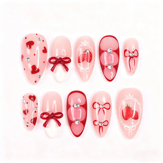 24Pcs Mid-length Almond Fake Nails Pink Brown Polka Dot Lace French Press on False Nails 3D Bow Pearl Wearable Manicure Tips Art