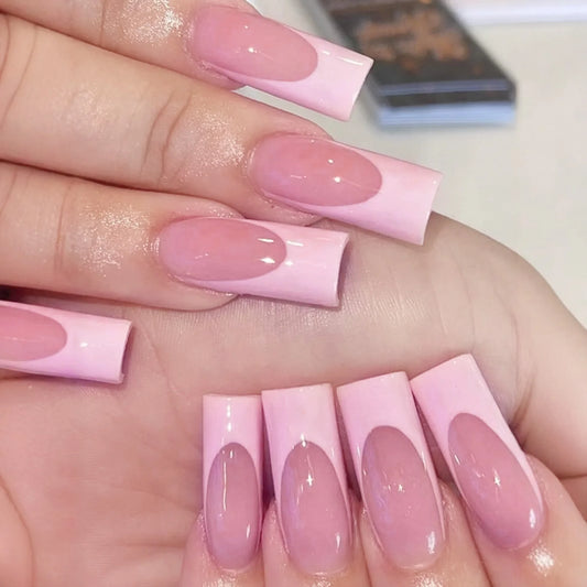 24Pcs Pink French Tip False Nails Nude Color Press On Nails Mid-length Coffin Acrylic Wearable Fake Nails Patches for Women