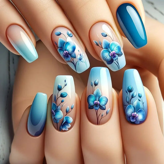 24Pcs Blue Gradient Manicure Tips Ballerina Wearable Artificial Press on Fake Nails Simple Flower Design Full Cover False Nails