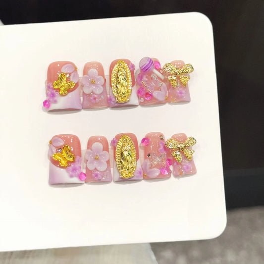 10PCS Duck Handmade Press On Nails,Pink Gold Holy Butterfly,Suitable For Festivals Parties And Daily Wear.