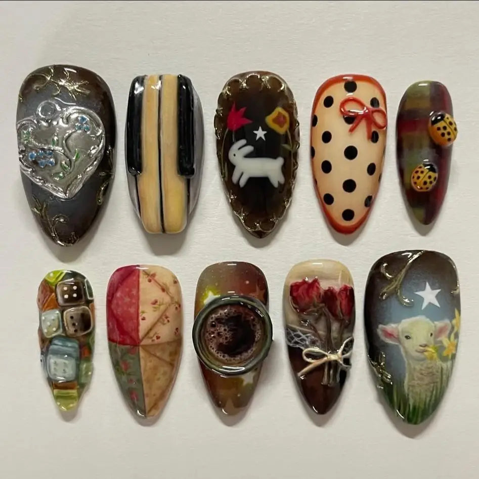 24Pcs Mid-length Almond Press on Fake Nails with Insect Flower Button Design Full Cover Nails Tips Reusable Finished False Nails