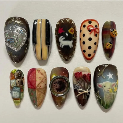 24Pcs Mid-length Almond Press on Fake Nails with Insect Flower Button Design Full Cover Nails Tips Reusable Finished False Nails