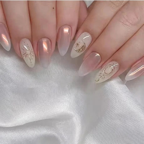 24Pcs Light Blue Smudge Fake Nails Press on Almond Gold Leaf Removable Long Full Cover Nail Tips Wearable Finished Nail Art