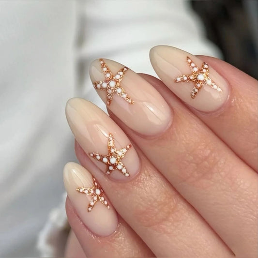 24pcs New Almond False Nails Ocean Starfish Decoration Press on Nails for Girls Wearable Full Cover INS Simple Flowers Fake Nail
