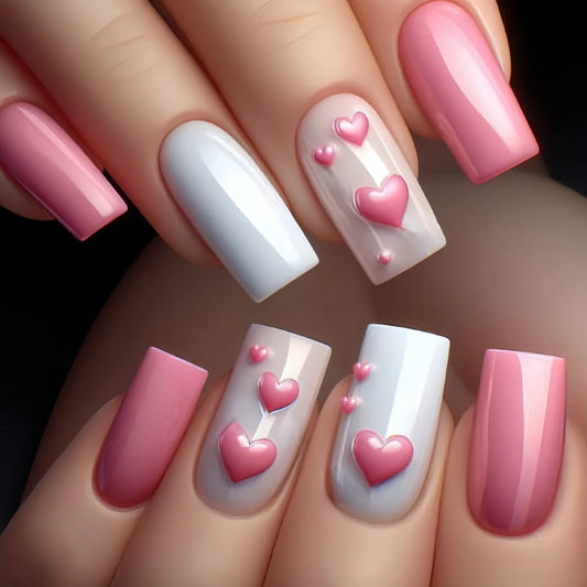 24pcs Pink Full Cover Nail Sets with Love Pattern Design False Nails Ballet Fake Nail Simple Mid-length Square Press on Nails