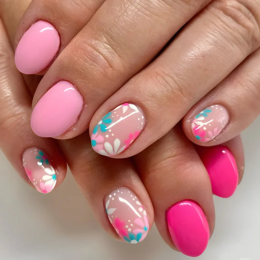 24pcs Finished Fake Nails Simple Flower Design Full Cover Nail Tip Pink Short Square False Nail Reusable Oval Press on Nails Art