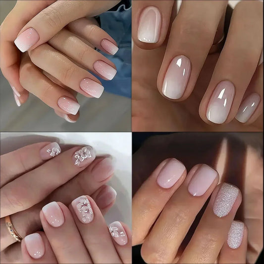24pcs Short Square Head Fake Nails with Glue Gradient White Pink Press on Nails Simple Designs Ballet Full Cover False Nail Tips