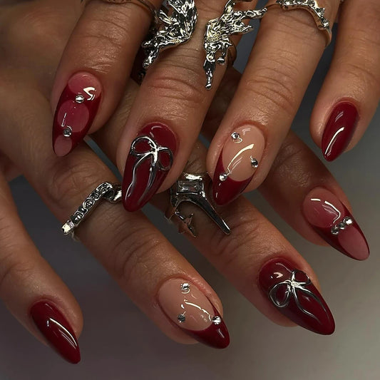 24Pcs 3d gelnails makes bow design red French tip Press on Nails almond design Fit Perfectly Acrylic False Nails set,Embellished
