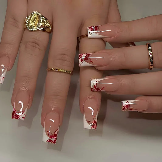24Pcs Mid-length Square Head Press on Fake Nails White French Flower Design False Nails Simple Detachable Full Cover Nails Tips