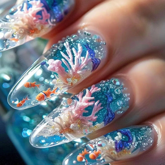 24pcs Summer Fresh False Nails Tips Long Almond Cute Underwater World Printed Press On Nails Ocean Series Wearable Fake Nail