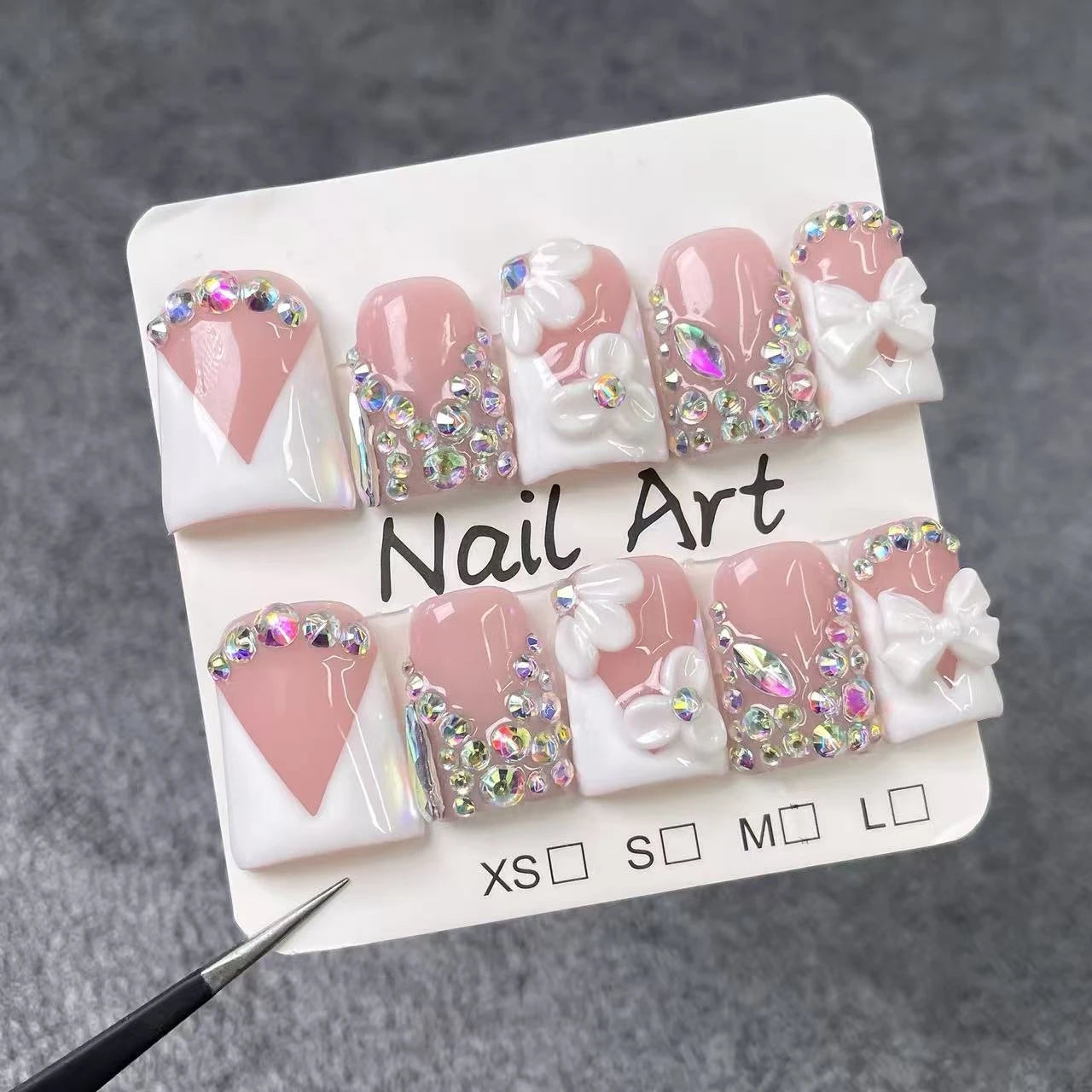 10pcs high-end Simple and elegant style, hand-painted patterns, three-dimensional bow, dazzling full of diamonds handmade fake