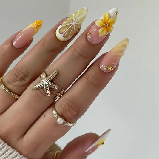 24pcs Ripple Flower Design French Fake Nails Sets Pearl White Tips Press on Nails Art Reusable Fruit Decor Full Cover False Nail