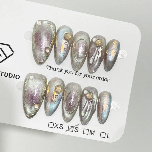 10pcs Handmade Aurora Almond False Nails Fantasy Mermaid Cat's Eye Press On Nails Full Cover Summer Detachable Fake Nail Tips