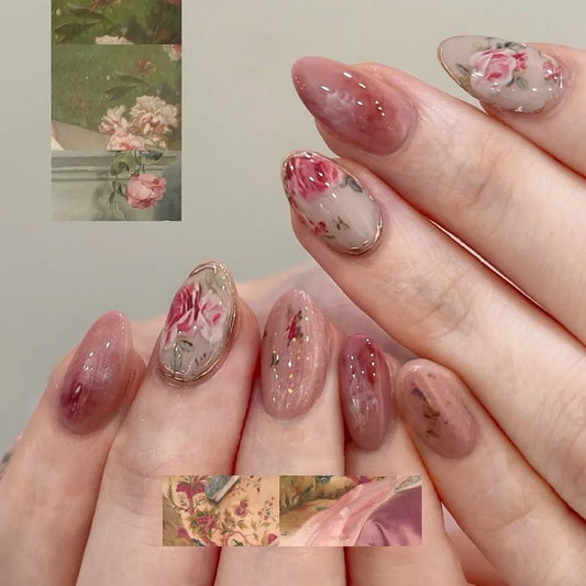 24Pcs Red Smudge with Design Fake Nails Press on Mid-length Almond False Nails Flower Detachable Finished Full Cover Nails Tips