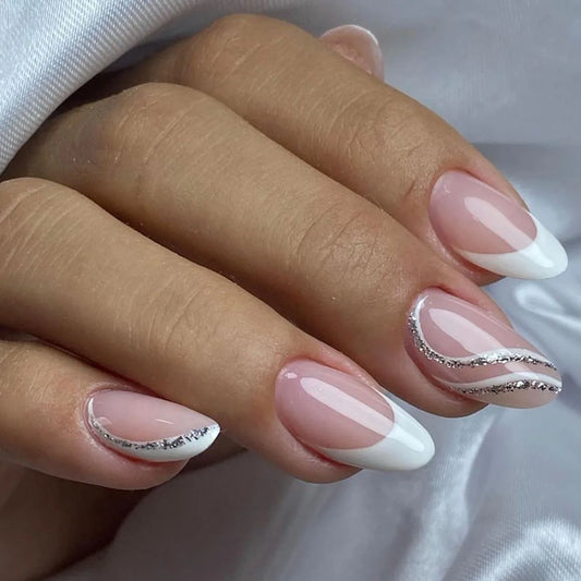 24Pcs Mid-length Almond Nails Set Press on Shiny Powder French Design Fake Nail Art Simple Wearable Full Cover False Nails Tips
