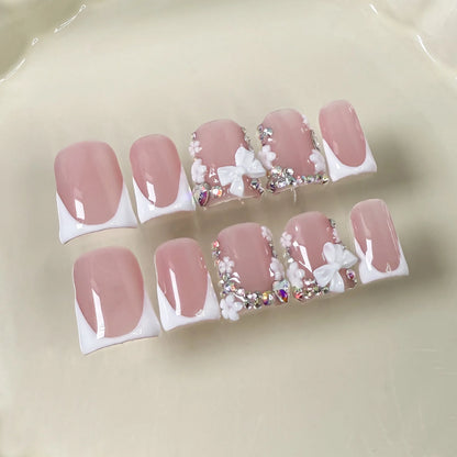 10pcs Short Duckbill Handmade Fake Nails Art Simple Black French False Nail with Diamond Tips Design Press on Nails Set Finished