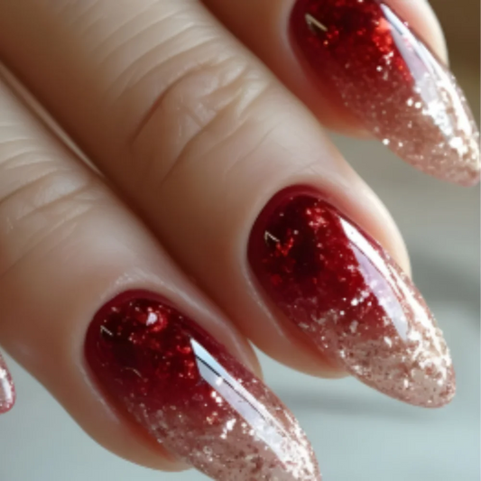 24pcs Round Almond Press on Nails Red Long False Nail Sets with Shiny Powder Design Nails Tips Reusable Simple Fake Nail Sets