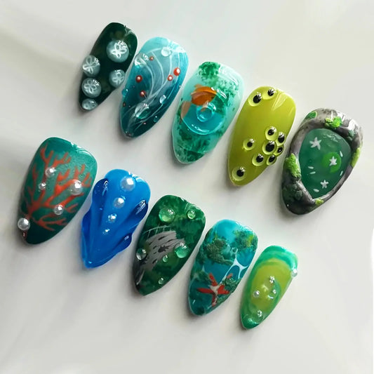10pcs Handmade Press On Nails Summer Ocean Underwater World Style False Nails Clossy Almond Sweet Coolf Fake Nail For Spicy Girl